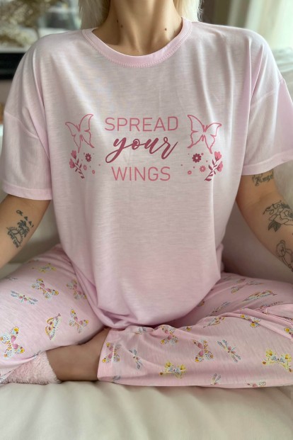 Toz Pembe Wings Baskılı Örme Kısa Kol Kadın Pijama Takımı - 4