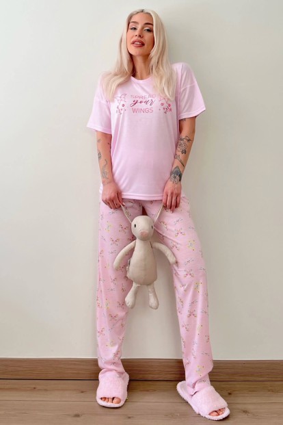 Toz Pembe Wings Baskılı Örme Kısa Kol Kadın Pijama Takımı - 5