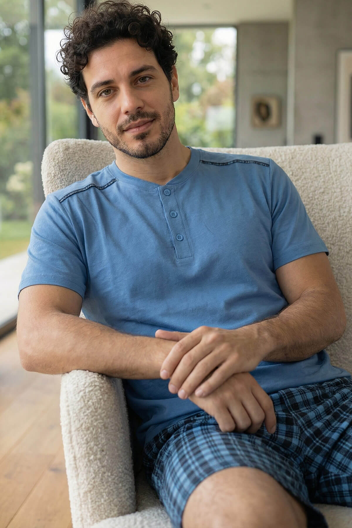 Turkuaz Ekose Cep Detaylı Şortlu Kısa Kollu Erkek Pijama Takımı - Pijamaevi