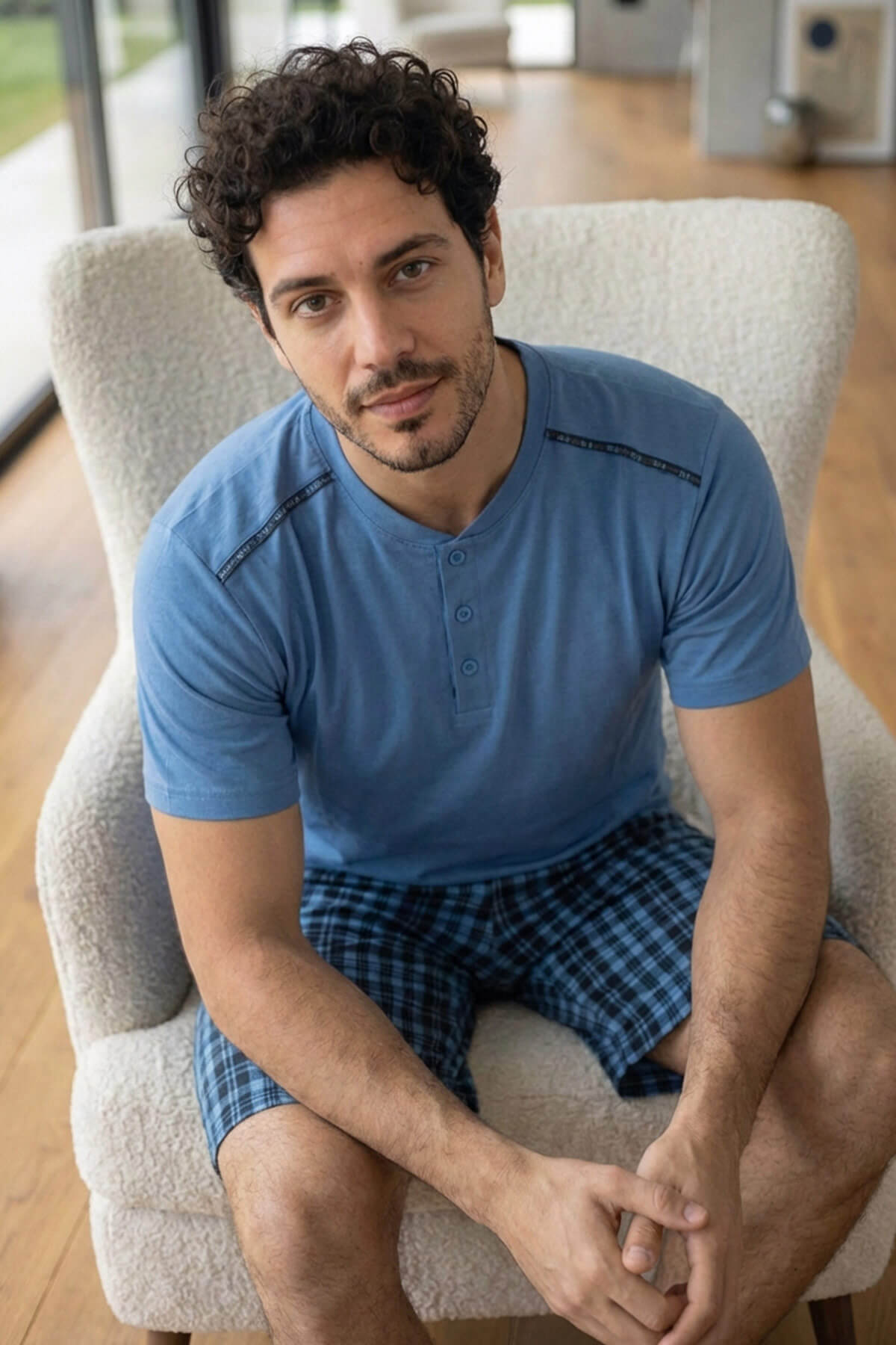 Turkuaz Ekose Cep Detaylı Şortlu Kısa Kollu Erkek Pijama Takımı - Pijamaevi (1)