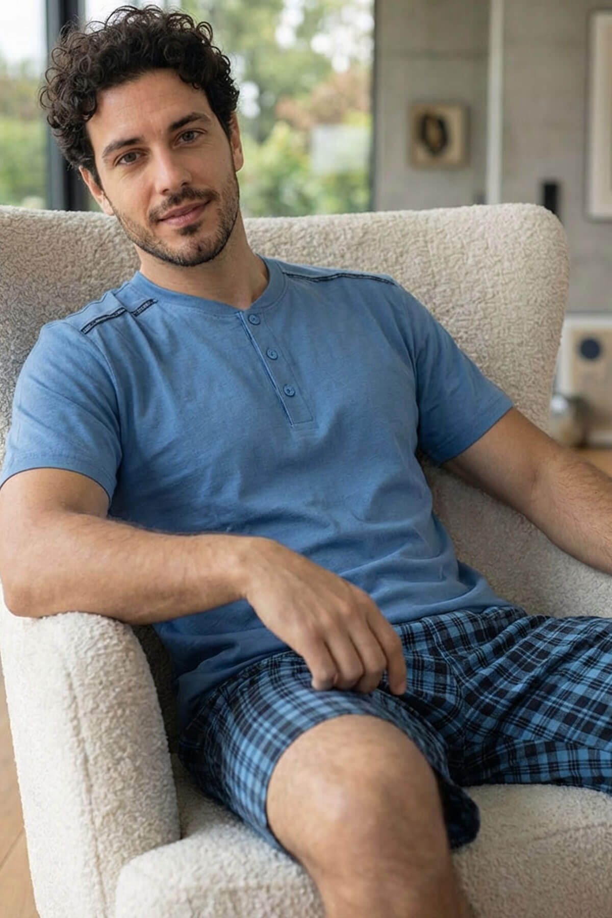 Turkuaz Ekose Cep Detaylı Şortlu Kısa Kollu Erkek Pijama Takımı - Pijamaevi (2)