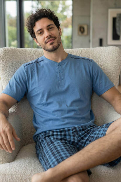 Turkuaz Ekose Cep Detaylı Şortlu Kısa Kollu Erkek Pijama Takımı - 4