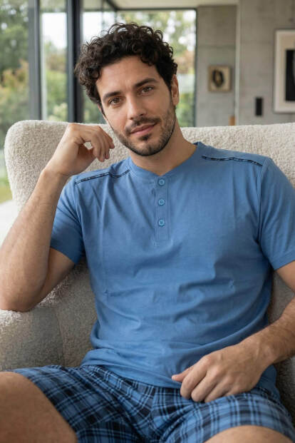 Turkuaz Ekose Cep Detaylı Şortlu Kısa Kollu Erkek Pijama Takımı - 5