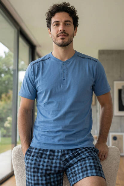 Turkuaz Ekose Cep Detaylı Şortlu Kısa Kollu Erkek Pijama Takımı - 7