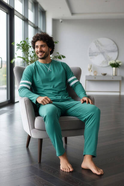 Turkuaz Line Desenli Stylish Erkek Uzun Kol Pijama Takımı - 4