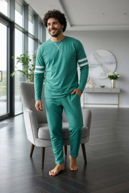 Turkuaz Line Desenli Stylish Erkek Uzun Kol Pijama Takımı - 5
