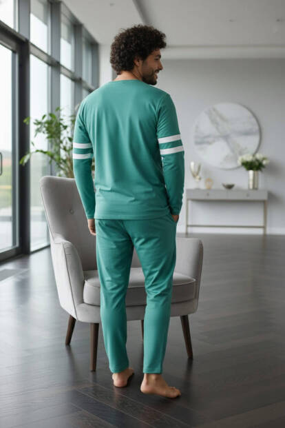 Turkuaz Line Desenli Stylish Erkek Uzun Kol Pijama Takımı - 6