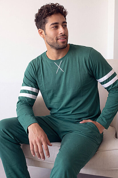 Turkuaz Line Desenli Stylish Erkek Uzun Kol Pijama Takımı 