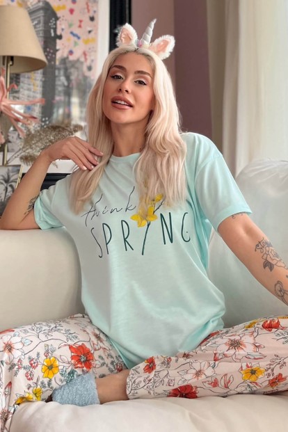 Turkuaz Think Baskılı Örme Kısa Kol Kadın Pijama Takımı - 1