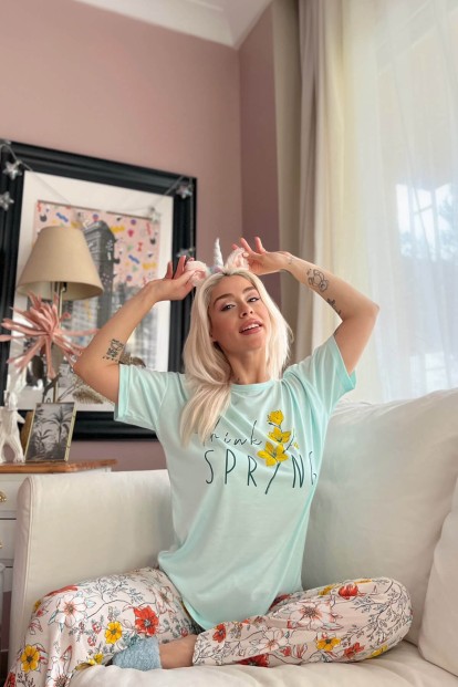 Turkuaz Think Baskılı Örme Kısa Kol Kadın Pijama Takımı - 2