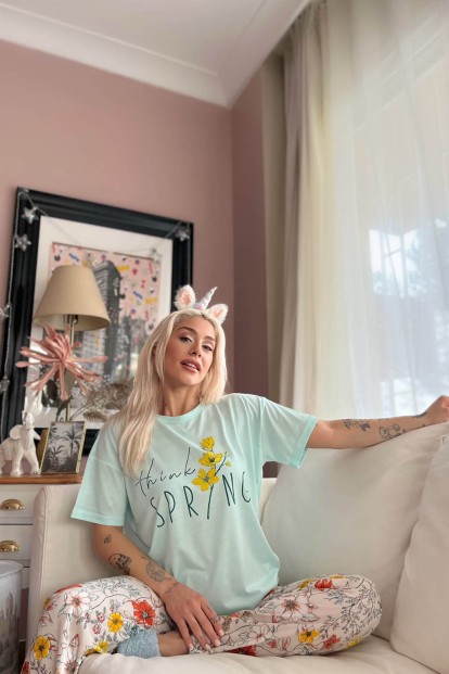 Turkuaz Think Baskılı Örme Kısa Kol Kadın Pijama Takımı - 3