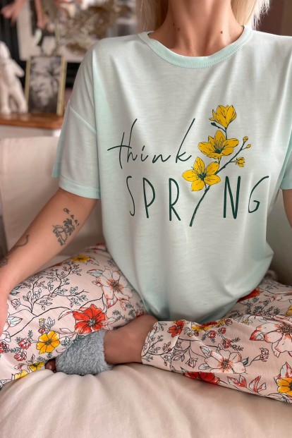 Turkuaz Think Baskılı Örme Kısa Kol Kadın Pijama Takımı - 4