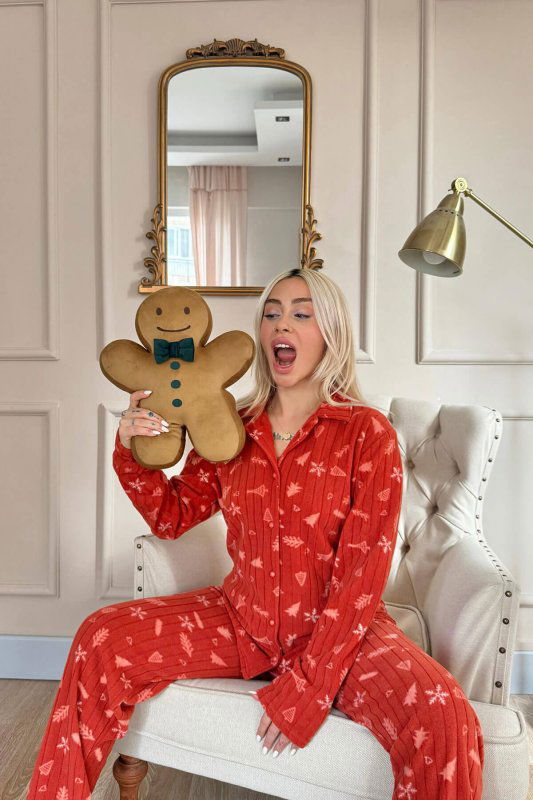 Turunç Tane Desenli Önden Düğmeli Peluş Polar Pijama Takımı - Pijamaevi (2)