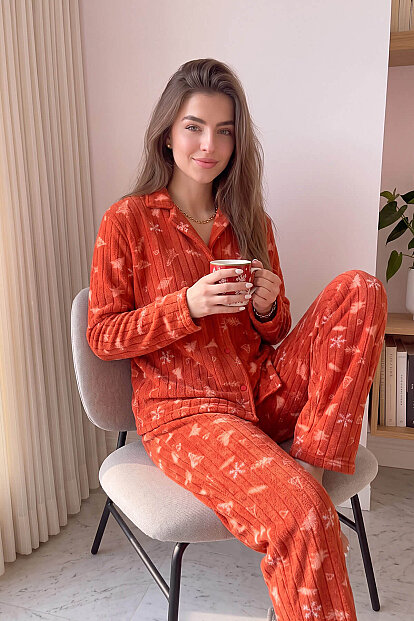 Turunç Tane Desenli Önden Düğmeli Peluş Polar Pijama Takımı - 4