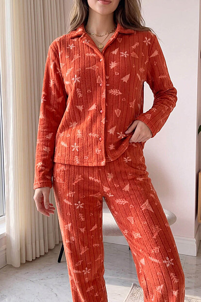 Turunç Tane Desenli Önden Düğmeli Peluş Polar Pijama Takımı - 5