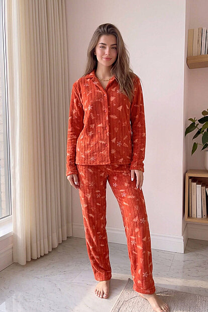 Turunç Tane Desenli Önden Düğmeli Peluş Polar Pijama Takımı - 6
