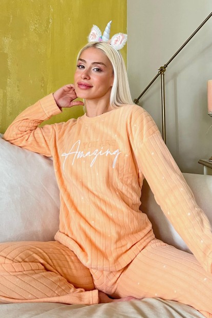 Turuncu Amazing Desenli Peluş Polar Pijama Takımı - 1