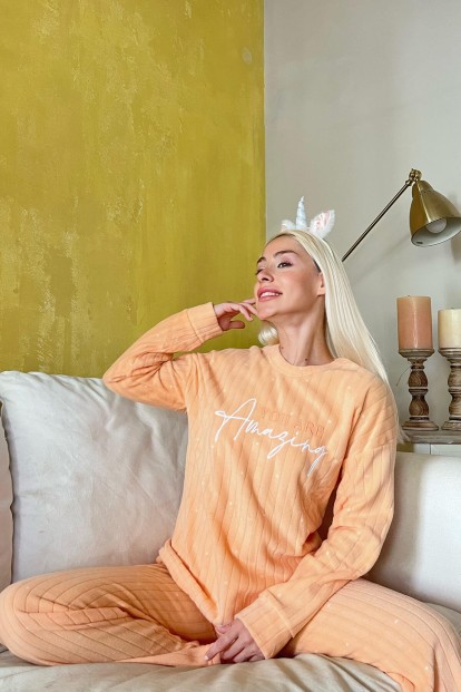 Turuncu Amazing Desenli Peluş Polar Pijama Takımı - 2