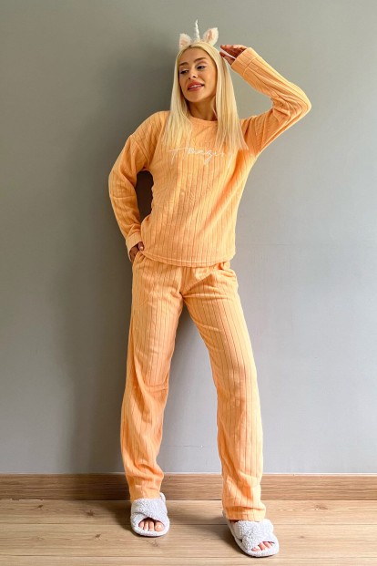 Turuncu Amazing Desenli Peluş Polar Pijama Takımı - 4