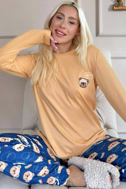 Turuncu Bear Desenli Termal Kadın Pijama Takımı - 6