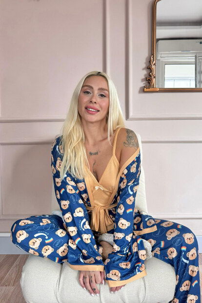 Turuncu Bear Desenli Termal Sabahlıklı Kadın Pijama Takımı - 2