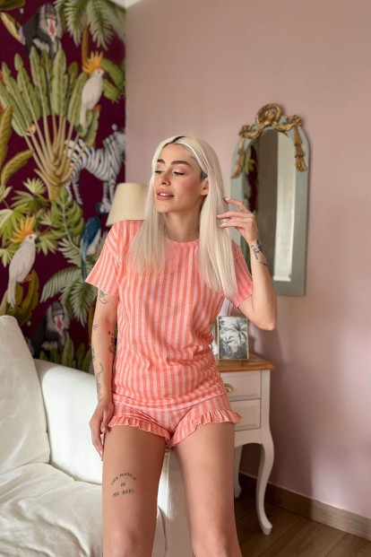 Turuncu Çizgili Baskılı Şortlu Kadın Pijama Takımı - 3
