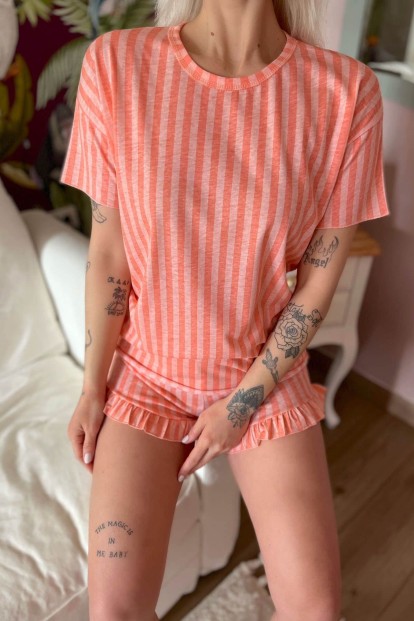 Turuncu Çizgili Baskılı Şortlu Kadın Pijama Takımı - 4