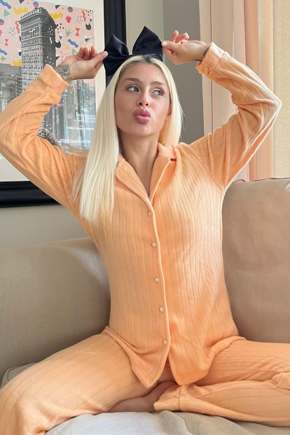 Turuncu Düz Önden Düğmeli Peluş Polar Pijama Takımı - 1