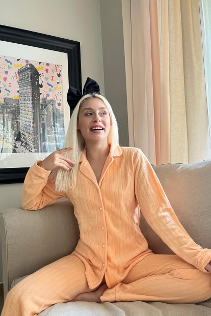 Turuncu Düz Önden Düğmeli Peluş Polar Pijama Takımı - 2