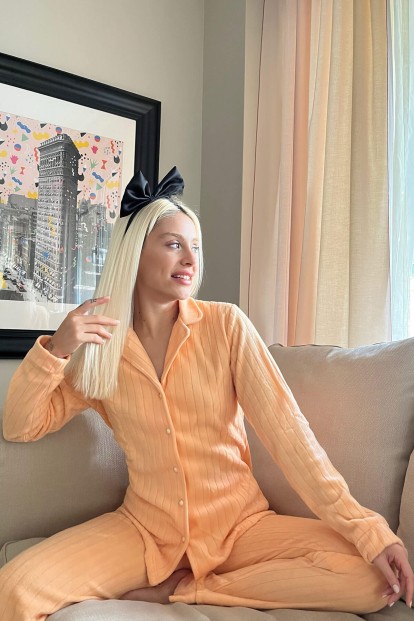 Turuncu Düz Önden Düğmeli Peluş Polar Pijama Takımı - 3