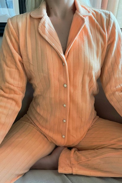 Turuncu Düz Önden Düğmeli Peluş Polar Pijama Takımı - 4