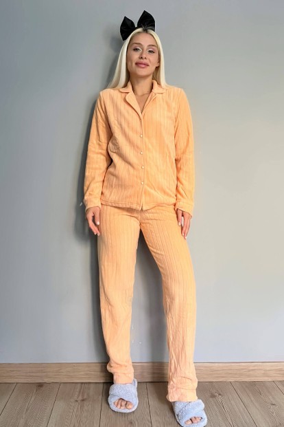 Turuncu Düz Önden Düğmeli Peluş Polar Pijama Takımı - 5