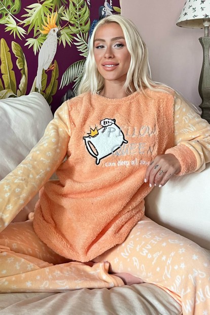 Turuncu Pillow Desenli Kadın Peluş Pijama Takımı - 1