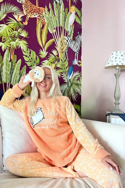Turuncu Pillow Desenli Kadın Peluş Pijama Takımı - 2