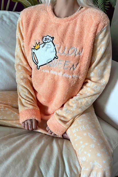Turuncu Pillow Desenli Kadın Peluş Pijama Takımı - 4