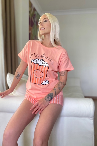 Turuncu Popcorn Baskılı Şortlu Kadın Pijama Takımı - 2