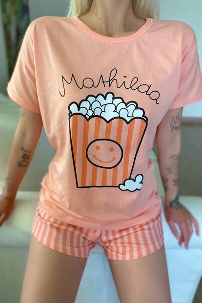 Turuncu Popcorn Baskılı Şortlu Kadın Pijama Takımı - 3