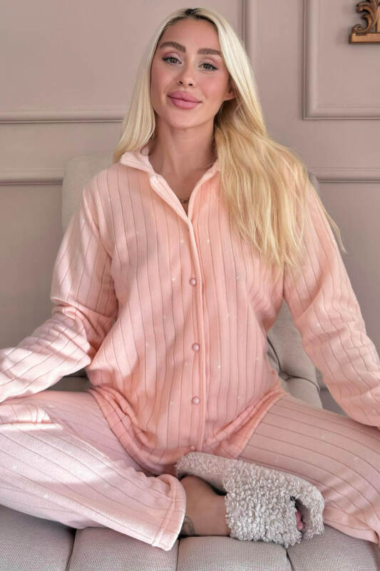 Turuncu Puan Desenli Önden Düğmeli Peluş Polar Pijama Takımı - Pijamaevi