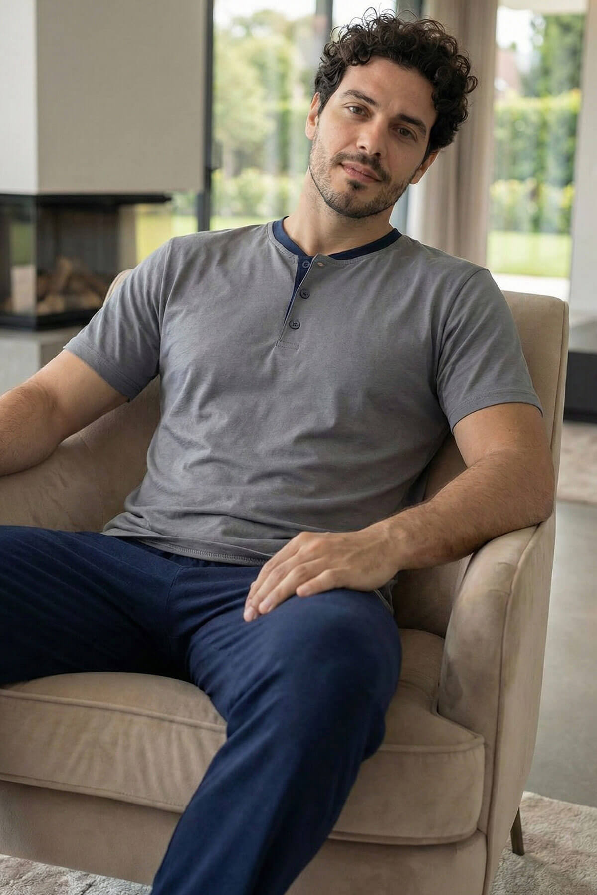 Urban Grey Kısa Kollu Pat Detaylı Elegant Erkek Pijama Takımı - Pijamaevi