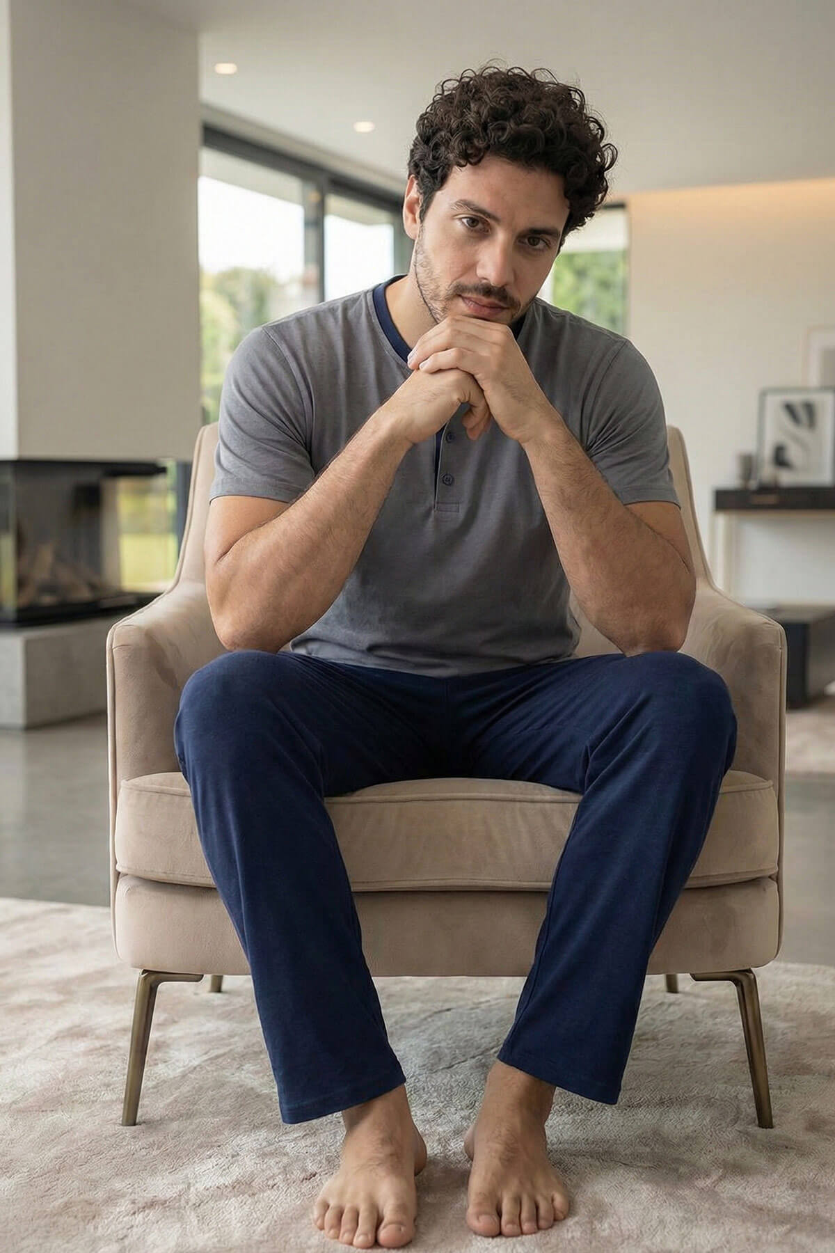 Urban Grey Kısa Kollu Pat Detaylı Elegant Erkek Pijama Takımı - Pijamaevi (1)