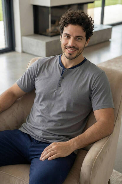 Urban Grey Kısa Kollu Pat Detaylı Elegant Erkek Pijama Takımı - 3