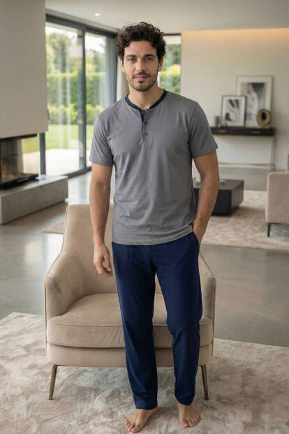 Urban Grey Kısa Kollu Pat Detaylı Elegant Erkek Pijama Takımı - 7