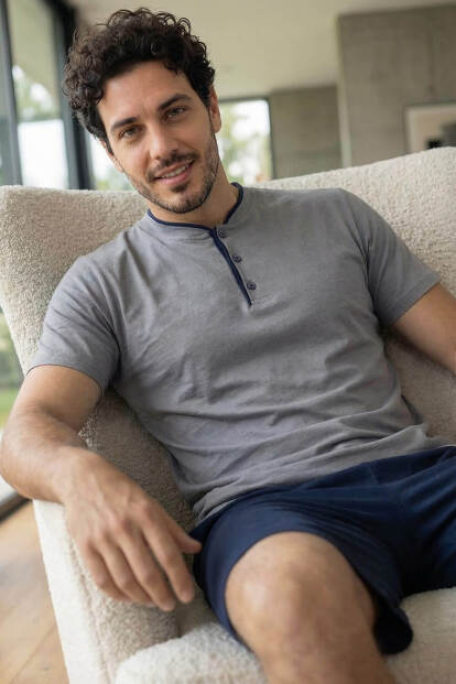 Urban Grey Şortlu Pat Detaylı Elegant Erkek Pijama Takımı 