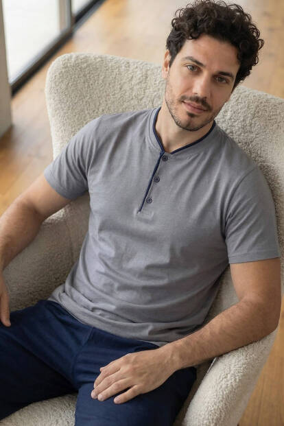 Urban Grey Şortlu Pat Detaylı Elegant Erkek Pijama Takımı - 3