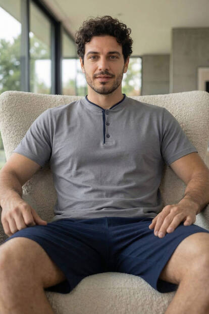 Urban Grey Şortlu Pat Detaylı Elegant Erkek Pijama Takımı - 5