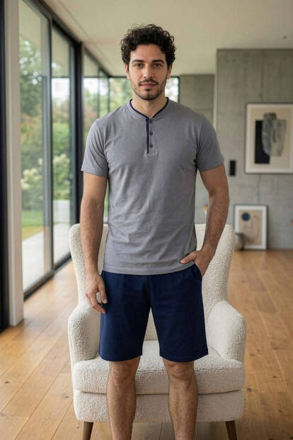 Urban Grey Şortlu Pat Detaylı Elegant Erkek Pijama Takımı - 6