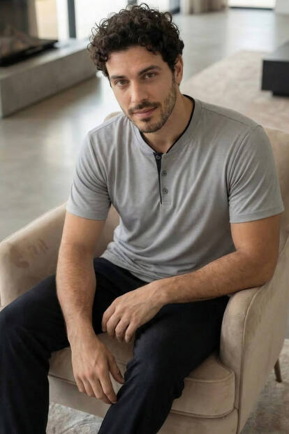 Urban Mist Kısa Kollu Pat Detaylı Elegant Erkek Pijama Takımı 