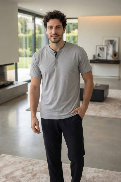 Urban Mist Kısa Kollu Pat Detaylı Elegant Erkek Pijama Takımı - 7