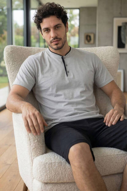 Urban Mist Şortlu Pat Detaylı Elegant Erkek Pijama Takımı - 2