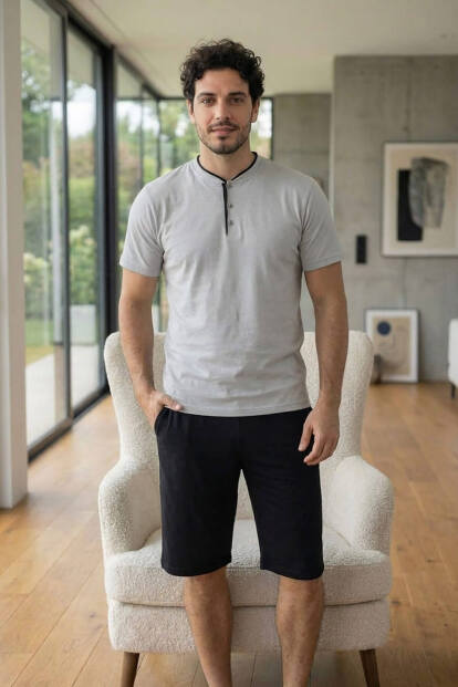 Urban Mist Şortlu Pat Detaylı Elegant Erkek Pijama Takımı - 7